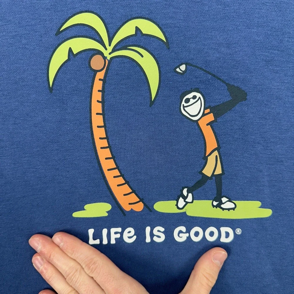 Life Is Good Mens Hoodie Sweatshirt Large Blue Golfing Print Pocket Drawstring